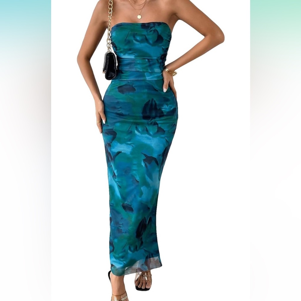 Women's Mesh Floral Strapless Bodycon Maxi Dress